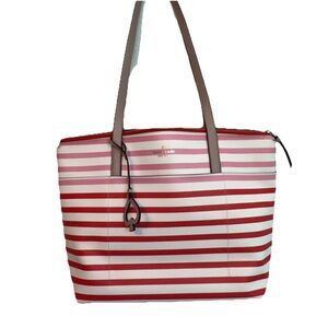 Kate Spade Patrice Tropical Stripe Tote Pink Peach Coral White Leather